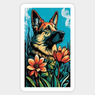 German Shepherd Dog Vibrant Tropical Flower Tall Retro Vintage Digital Pop Art Portrait 3 Sticker